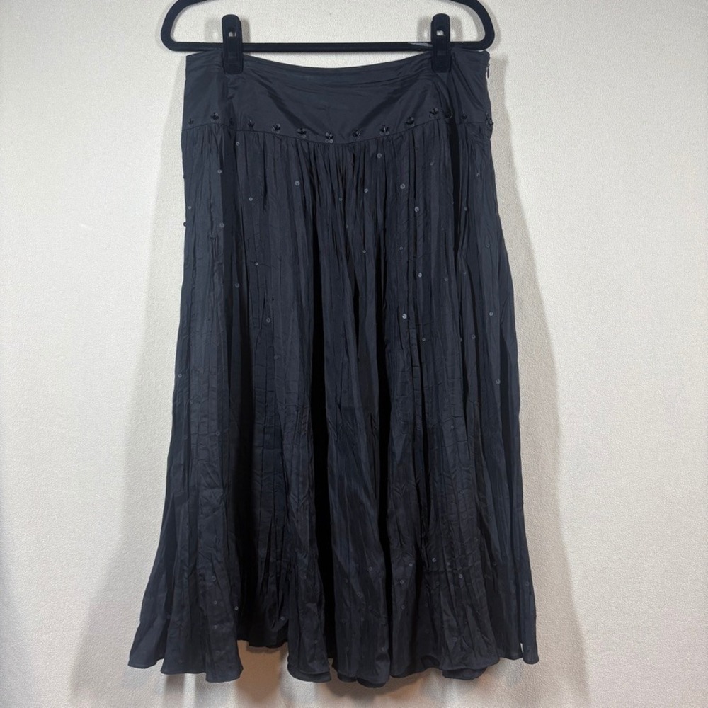 Laura Ashley Black Silk Beaded Sequin Crinkle Pleated Maxi Skirt 12P Witchy Goth